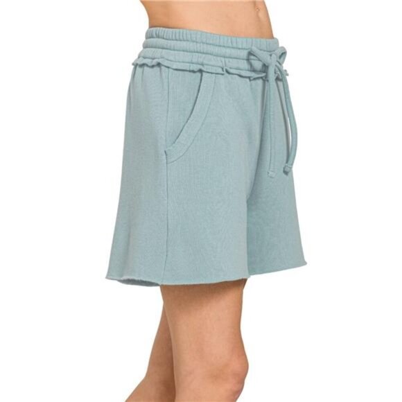 Zenana Fleece Raw Hem Shorts With Draw String - Picture 2 of 3